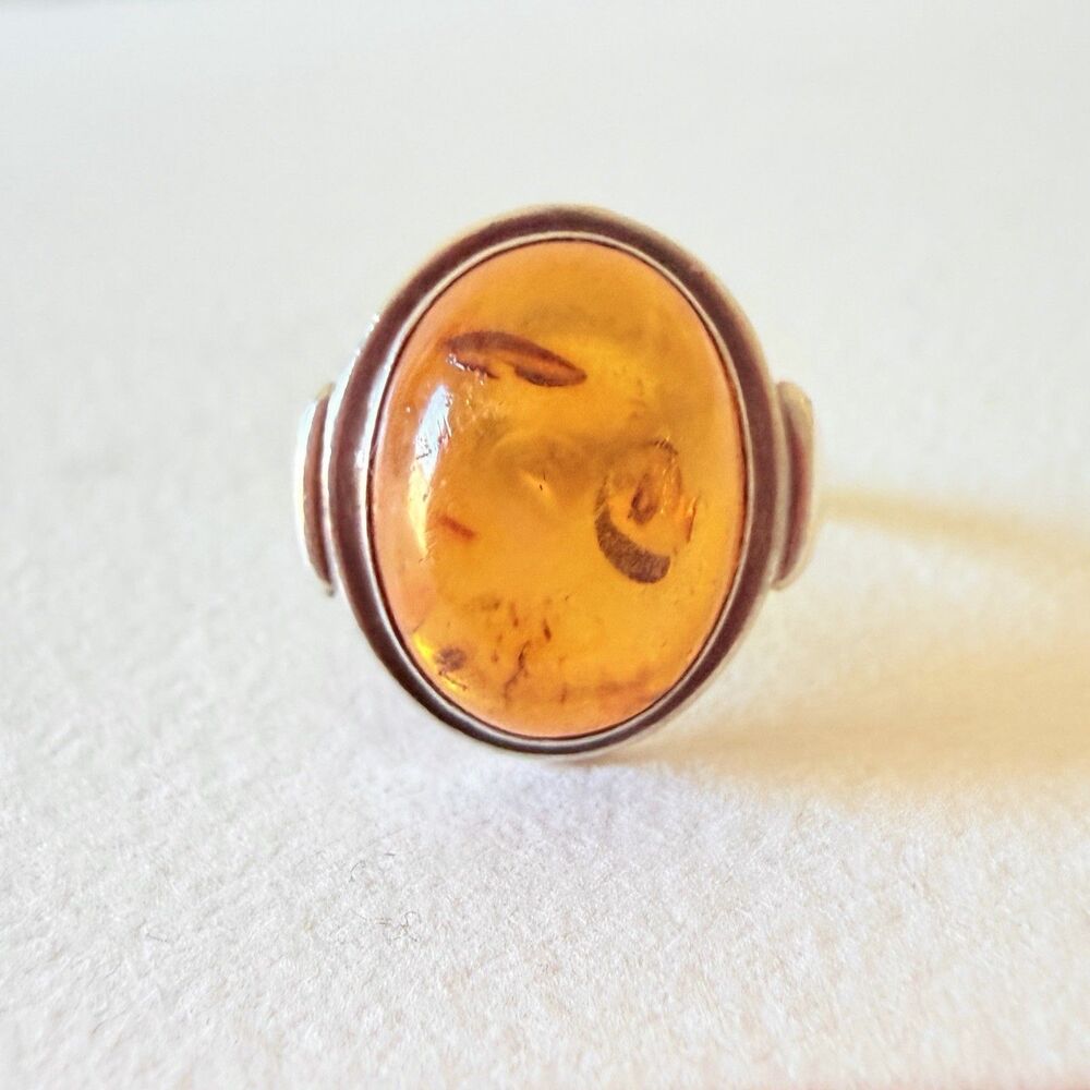 Vintage Sterling Silver Amber Ring Size 8 Modernist